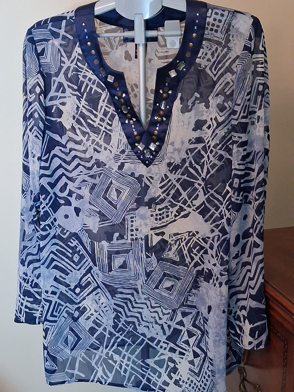 Susan Graver Navy and White Embellished V-Neck Tunic